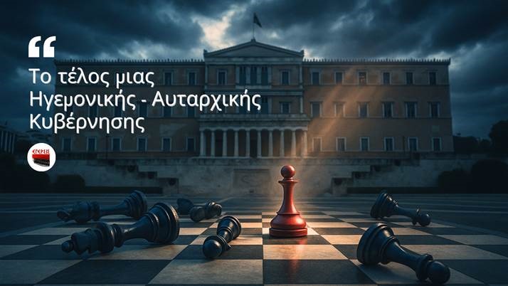 Σκακιέρα μπροστά από τη Βουλή με πεσμένα μπλε πιόνια και ένα όρθιο κόκκινο πιόνι στο κέντρο, κάτω από δραματικό ουρανό, συμβολίζοντας πολιτική ανατροπή.