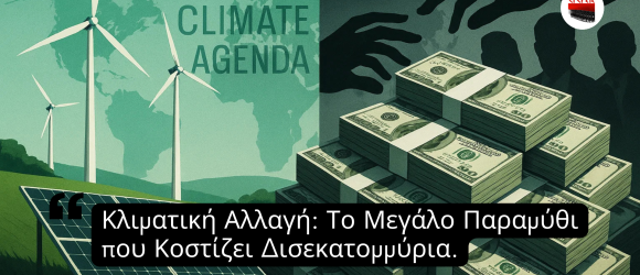 Διχοτομημένη εικόνα: αριστερά ανεμογεννήτριες και φωτοβολταϊκά μπροστά από παγκόσμιο χάρτη με τη φράση “Climate Agenda”, δεξιά στοίβες χαρτονομισμάτων δολαρίου με σκοτεινές φιγούρες και χέρια να τα διεκδικούν, συμβολίζοντας τα μεγάλα οικονομικά συμφέροντα πίσω από την πράσινη ατζέντα.