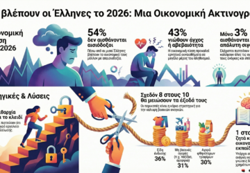Infographic για το πώς βλέπουν οι Έλληνες το 2026, με στοιχεία για οικονομική απαισιοδοξία, άγχος, περικοπές εξόδων και στρατηγικές διαχείρισης χρημάτων.