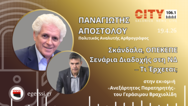 Αποστόλου και Βραχιολίδης σε προωθητική εικόνα ραδιοφωνικής εκπομπής City 106.1 για πολιτική ανάλυση ΝΔ και ΟΠΕΚΕΠΕ