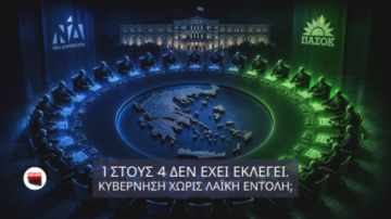 Κυκλικό κυβερνητικό συμβούλιο με 27% πράσινες και 73% μπλε θέσεις γύρω από χάρτη της Ελλάδας, που συμβολίζει κυβέρνηση χωρίς λαϊκή εντολή