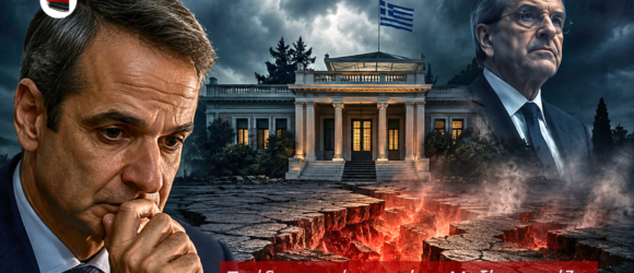 Ο Κυριάκος Μητσοτάκης και ο Αντώνης Σαμαράς με φόντο το Μέγαρο Μαξίμου και ένα τεράστιο φλεγόμενο ρήγμα που συμβολίζει τις τεκτονικές πολιτικές δονήσεις στη Νέα Δημοκρατία.