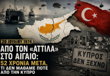 Σύνθεση για την επέτειο της τουρκικής εισβολής στην Κύπρο με χάρτη του νησιού, αποβατικά πλοία, αλεξιπτωτιστές, ερείπια πολέμου και τον τίτλο «Από τον Αττίλα στο Αιγαίο: 52 χρόνια μετά».