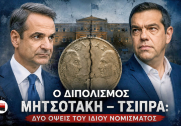Ο Κυριάκος Μητσοτάκης και ο Αλέξης Τσίπρας αντικριστά, με φόντο τη Βουλή και ένα ραγισμένο ελληνικό νόμισμα που συμβολίζει τον πολιτικό διπολισμό.