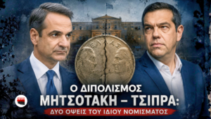 Ο Κυριάκος Μητσοτάκης και ο Αλέξης Τσίπρας αντικριστά, με φόντο τη Βουλή και ένα ραγισμένο ελληνικό νόμισμα που συμβολίζει τον πολιτικό διπολισμό.