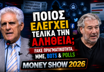 Thumbnail του Money Show 2026 με τον Παναγιώτη Αποστόλου και τον Νίκο Καραχάλιο, με θέμα τη Fake Πραγματικότητα, τα ΜΜΕ, τα Bots, τις δημοσκοπήσεις και τη διαμόρφωση της κοινής γνώμης.