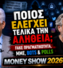 Thumbnail του Money Show 2026 με τον Παναγιώτη Αποστόλου και τον Νίκο Καραχάλιο, με θέμα τη Fake Πραγματικότητα, τα ΜΜΕ, τα Bots, τις δημοσκοπήσεις και τη διαμόρφωση της κοινής γνώμης.
