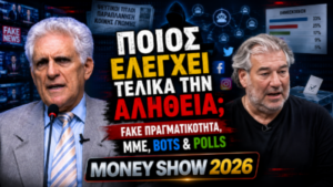 Thumbnail του Money Show 2026 με τον Παναγιώτη Αποστόλου και τον Νίκο Καραχάλιο, με θέμα τη Fake Πραγματικότητα, τα ΜΜΕ, τα Bots, τις δημοσκοπήσεις και τη διαμόρφωση της κοινής γνώμης.