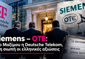 Εικαστική σύνθεση Siemens–ΟΤΕ με τη Deutsche Telekom στο Μέγαρο Μαξίμου, τη Δικαιοσύνη και αναφορά στις ελληνικές αξιώσεις ενόψει της 13ης Σεπτεμβρίου.