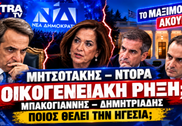 Κυριάκος Μητσοτάκης, Ντόρα Μπακογιάννη, Κώστας Μπακογιάννης και Γρηγόρης Δημητριάδης σε εικαστικό για την πιθανή οικογενειακή ρήξη και τα σενάρια ηγεσίας της ΝΔ.